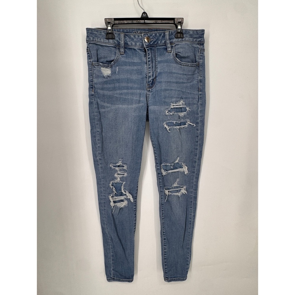 American Eagle Jegging Womens 8 Blue Hi-Rise Super Stretch X Distressed EUC
